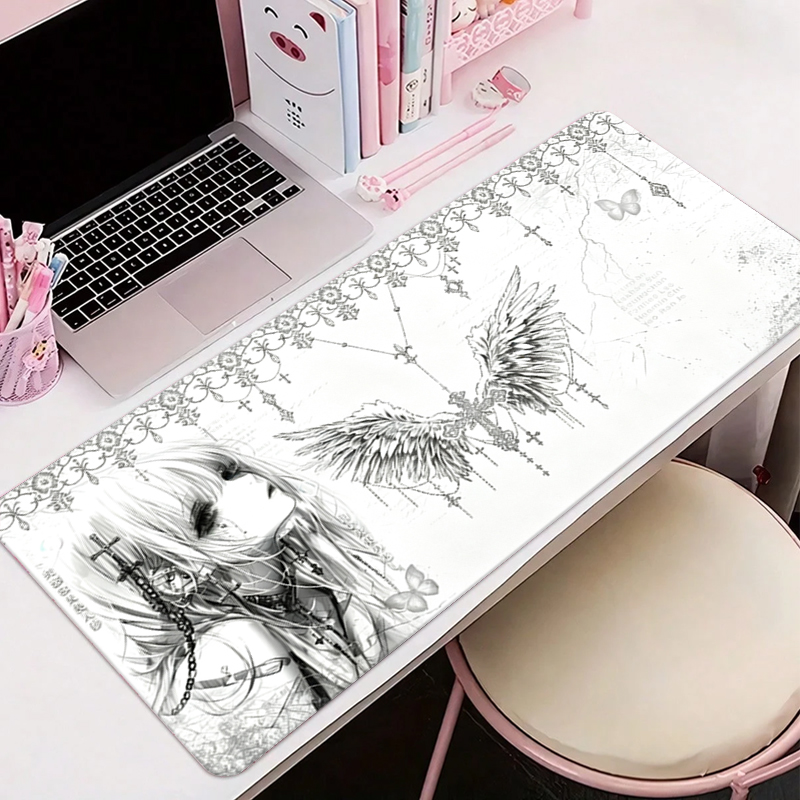 Pc Gaming Desk - Leather Mousepad Black White Anime Aesthetics